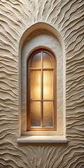 Arched Window with Textured Wall and Soft Light Illuminating the Glass