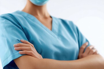 Nurse in scrubs crossing arms on white background