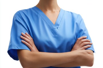 Nurse in scrubs crossing arms on white background