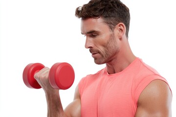 Fitness trainer showing dumbbell curl technique on white