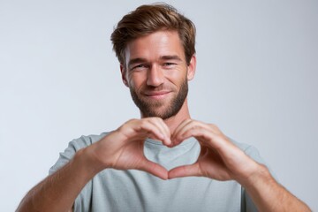 Man showing heart symbol with hands on white studio background