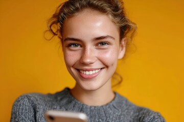 Teenage girl using phone while smiling naturally