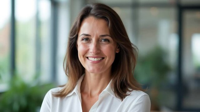 Happy elegant older mature lady posing for portrait standing in office. Beautiful middle aged business woman looking at camera, smiling 45 years old businesswoman leader executive at work.