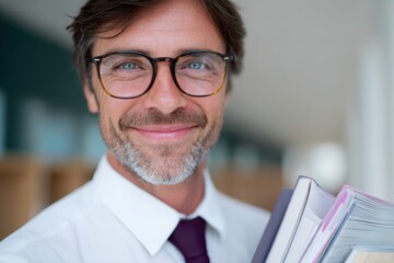 Male teacher with books and glasses smiling