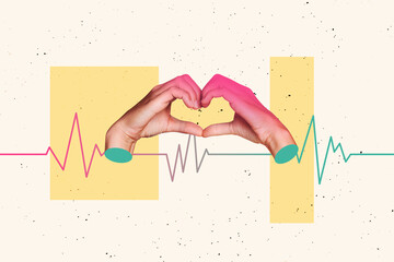 Sketch composite 3D photo collage trend artwork of finger body language sign showing symbol love...