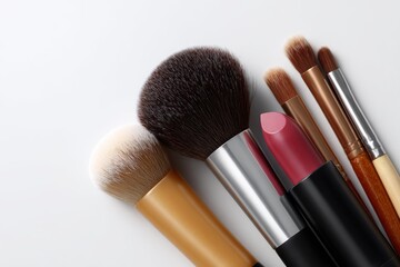 Professional makeup artist with tools on white background