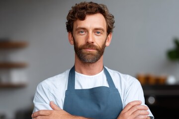 Friendly male barista with apron crossing arms