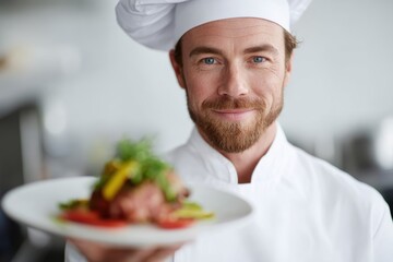 Chef holding plate of food and looking proud