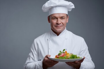 Chef holding plate of food and looking proud