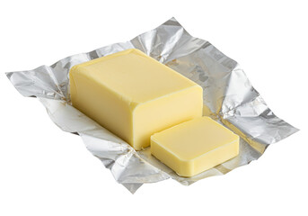 Isolated Fresh Butter Block in Silver Foil Wrapper