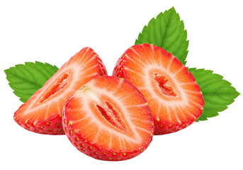 Isolated Sliced Strawberries with Vibrant Green Leaves