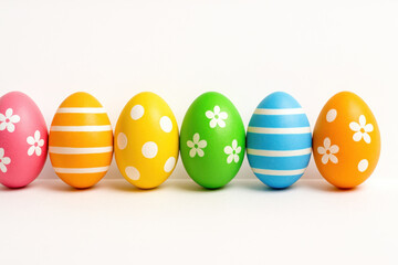 Fototapeta premium Easter eggs with painted flowers in a woven basket, set against a backdrop of vibrant spring blossoms and lush greenery, capturing the essence of a colorful holiday celebration.