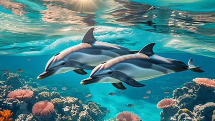 Obraz premium a vibrant pair of bottlenose dolphins, their sleek gray bodies glistening with moisture, swim in unison against the kaleidoscopic backdrop of a thriving coral reef
