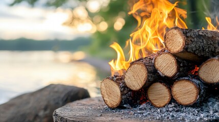 Cozy Campfire: A close-up shot of a campfire burning brightly, showcasing the raw beauty of flames dancing above a stack of wood, against a backdrop of serene water and lush greenery.