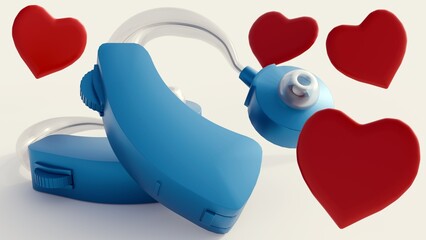 A 3d rendering of red heart shape and hearing aids, the ability to hear and connect with loved ones. 