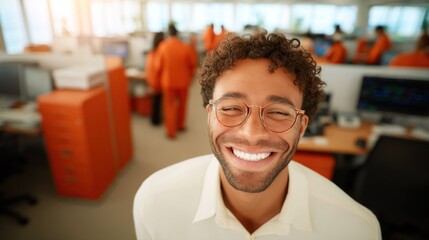 young professional with curly hair and glasses beams with joy in a vibrant office space