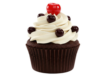 Isolated Dark Chocolate Cupcake Topped with White Cream and Cherry
