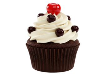 Isolated Dark Chocolate Cupcake Topped with White Cream and Cherry