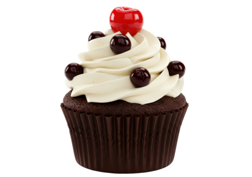 Isolated Dark Chocolate Cupcake Topped with White Cream and Cherry
