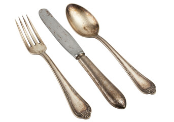 Isolated Antique Silver Cutlery Set with Ornate Details