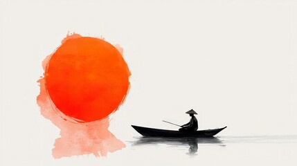 Solitary Journey at Sunrise: A serene and contemplative moment unfolds as a lone boatman navigates a calm waterway at sunrise. The composition evokes a sense of peace, solitude.