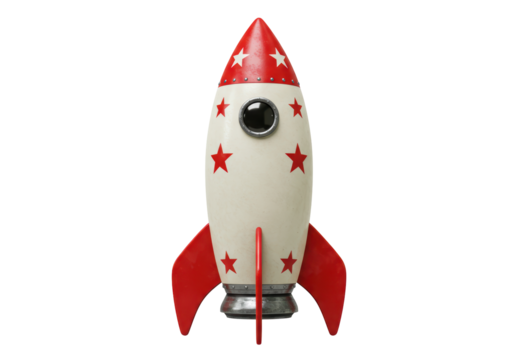 Isolated Retro Rocket Ship with Stars and Red Accents