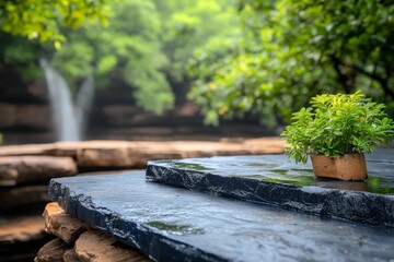 Serene Slate and Verdant Cascade: A close-up captures a textured slate surface, upon which sits a small plant, set against a backdrop of a blurred waterfall.