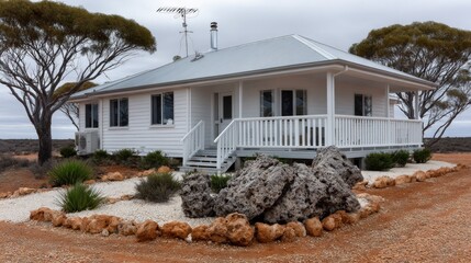 charming white house sits proudly on a gravel driveway, surrounded by unique rock formations and sparse vegetation in a remote area, under a cloudy sky. Quiet tranquility defines this location