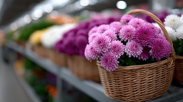 vibrant basket filled with purple and pink chrysanthemums captures attention in a busy flower market. arrangement highlights the flowers detailed petals and fresh appearance - Powered by Adobe