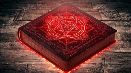 Mystic Grimoire: An eerie illuminated grimoire, adorned with a mystical symbol on its cover, casting a haunting glow on the ancient wooden table.