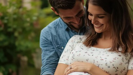 Couple with baby bump laughs at camera. Pregnancy, family bonding, happy expectant parents. - Powered by Adobe
