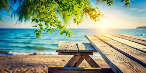 Scenic wooden picnic table by the ocean at sunset