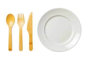 Isolated Bamboo Utensils with White Plate
