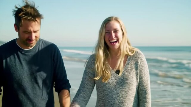 Young couple walking hand in hand along the beach by the ocean  