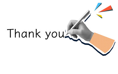 A black and white hand writes an inscription Thank you. Modern photo collage style. Illustration on transparent background