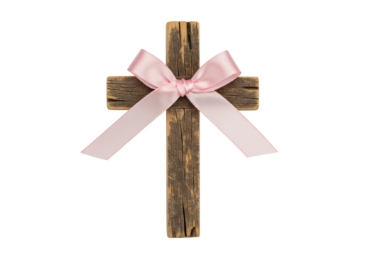 Isolated Wooden Cross with Pink Ribbon
