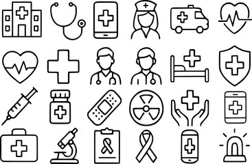 A collection of simple, black line art icons representing various medical and healthcare elements.