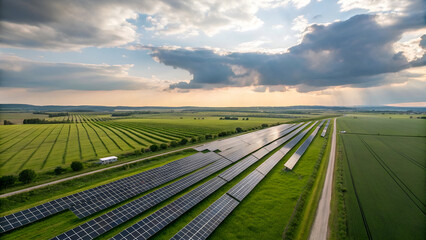 A field of solar panels gleams in the sunlight, symbolizing sustainable energy production. , A wide-angle shot of a vast solar panel farm stretching across a lush green field under a partly cloudy sky