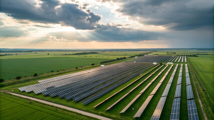 A field of solar panels gleams in the sunlight, symbolizing sustainable energy production. , A wide-angle shot of a vast solar panel farm stretching across a lush green field under a partly cloudy sky
