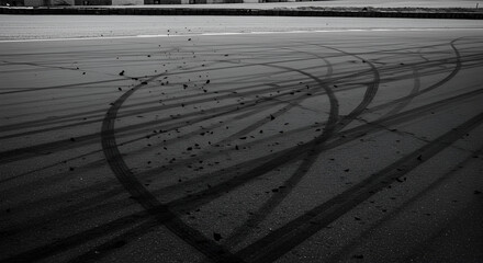 tire marks on asphalt, symbolizing love and passion for driving, in black and white