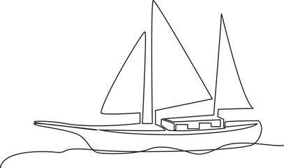 Single one line drawing little sailing ship, boat, sailboat, flat style. Sailing ship, sailboat with white sails. Continuous line draw design graphic vector illustration. Editable Stroke