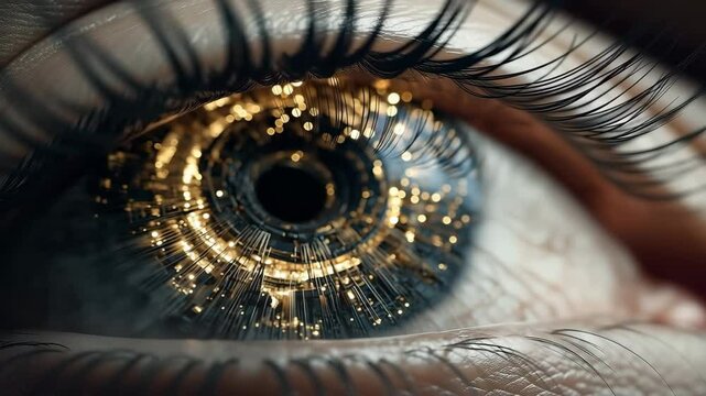 Futuristic cybernetic eye with glowing digital circuit iris