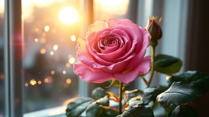 Pink rose by window at sunrise