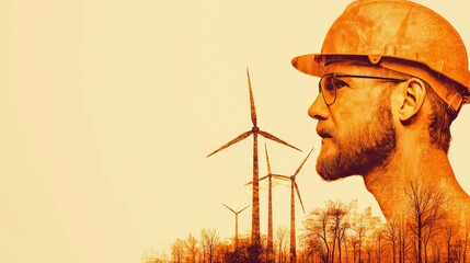 Innovation's Advocate: A determined individual, an architect, gazes confidently towards wind turbines. a symbol of progressive energy and sustainable design.