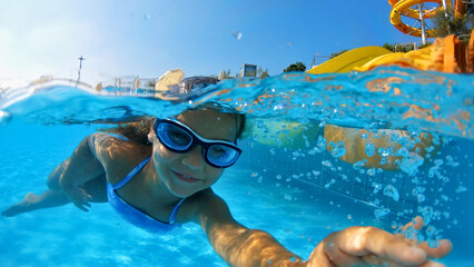 A young girl in a blue swimsuit and goggles swims underwater in a pool, capturing the essence of summer fun and aquatic adventures. Aerial view, underwater perspective.