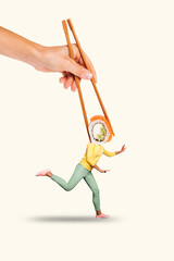 Fototapeta premium 3D collage design composite trend artwork sketch of hand hold chopsticks eat sushi head rice salmon fastfood woman body run maki meal