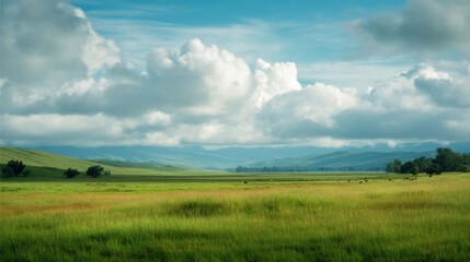 Obraz premium Expansive Green Pasture with Distant Cattle and Towering Clouds