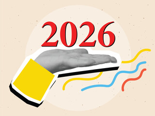 Black and white hand holding the number 2026. Modern photo collage style. Vector illustration