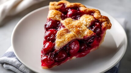 A slice of cherry pie with a golden crust, served on a white plate