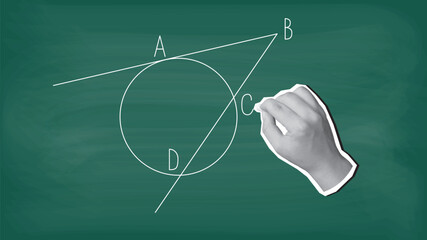 A hand writes geometric figure - a circle with a tangent on a blackboard with chalk. Modern collage style. Vector illustration
